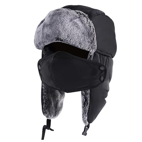 QXURkut Winter Trappermütze Herren Damen Winddicht Warm Fliegermütze mit Ohrenklappen Maske Kunstfell Trooper Hat für Outdoor Wandern Skifahren Eislaufen von QXURkut