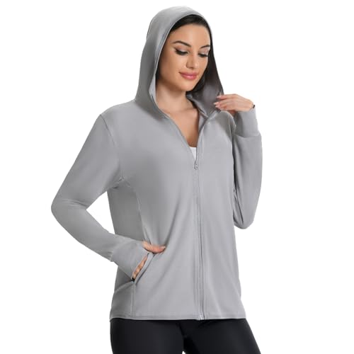 QXURkut Sonnenschutz Jacke Damen UPF 50+ Sun UV Hoodie mit Daumenloch, Langarm UV Schutz Jacke mit Kapuze (Grau, XXL) von QXURkut