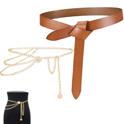 QXYOGO GüRtel Damen Knotenbänder für Frauen Weiche Leder geknotete Gurtband Lange Kleid Zubehör Lady Taillenbänder 1 (Belt Length : 110cm, Color : Camel) von QXYOGO