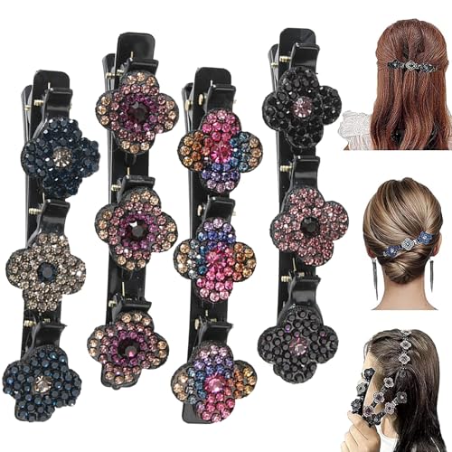 Haarspange mit kristall blume clip, Geflochtene Satin-Stoff-Haarbänder, Klee-Strass-Haarspange, Große Haarspangen für Dickes Haar mit 4 Mini-Haarspangen für Damen von QYEHF