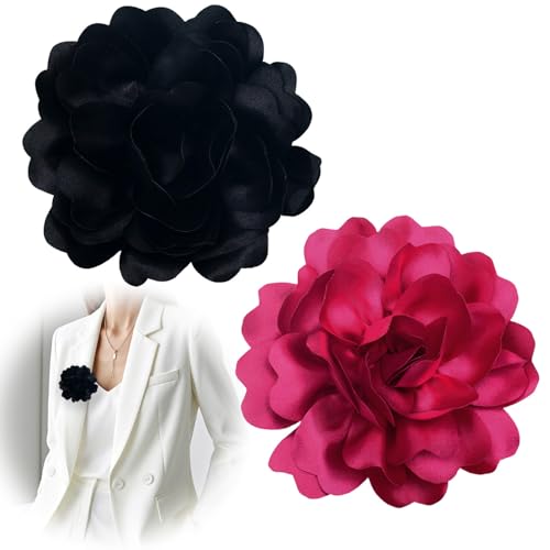 Broschen & Anstecknadeln für Damen – 2er Set große Blumenbrosche in Schwarz & Burgund, elegante Ansteckblume Damen, Stoff-Brosche Blume als Accessoire für Kleidung & Anlass von QYHON