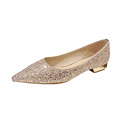 QYPOOAQ Flacher Brautschuh für Damen, modische glitzernde Hochzeits-Ballerina-Loafer-Schuhe, Bequeme Slip-On-Schuhe mit spitzer Zehenpartie und niedrigem Absatz,Gold,40 von QYPOOAQ