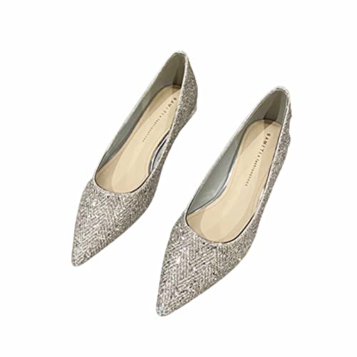 QYPOOAQ Flacher Brautschuh für Damen, modische glitzernde Hochzeits-Ballerina-Loafer-Schuhe, Bequeme Slip-On-Schuhe mit spitzer Zehenpartie und niedrigem Absatz,Silber,38 von QYPOOAQ