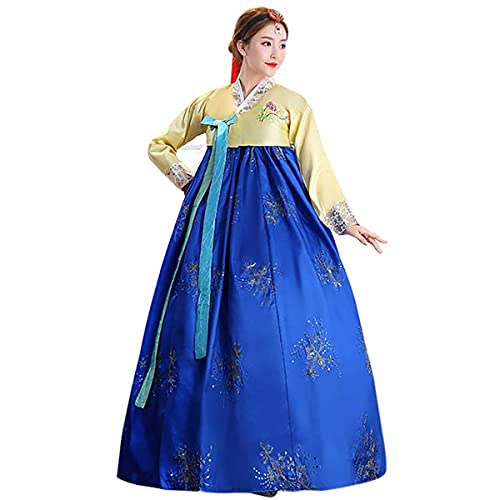 Damen besticktes Hanbok Kleid koreanisches traditionelles Kostüm kurze Jacke voller Rock Cosplay Performance Wear (68# Gelb + Königsblau, M) von QYUU