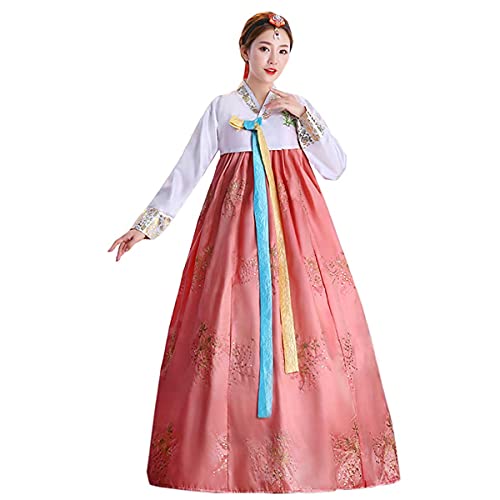 Damen besticktes Hanbok Kleid koreanisches traditionelles Kostüm kurze Jacke voller Rock Cosplay Performance Wear (68# Weiß + Korallenrosa, M) von QYUU