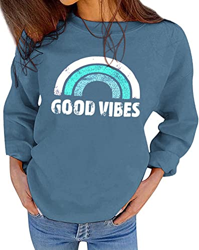 QYZ-Top Good Vibe Damen-Sweatshirt, Regenbogen-Sweatshirt, lässig, positives Zitat, inspirierend, langärmelig, bequem, Sweatshirt2-Blau, S QYZ-Top Good Vibe Damen-Sweatshirt, Regenbogen-Sweatshirt, lässig, positives Zitat, inspirierend, langärmelig, bequem, Sweatshirt2-Blau, S von QYZ-Top
