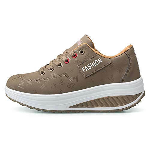 QZBAOSHU Damen Abnehmen Walkingschuhe Turnschuhe Fitness Keile Plattform Schuhe Sneakers（42,Khaki von QZBAOSHU