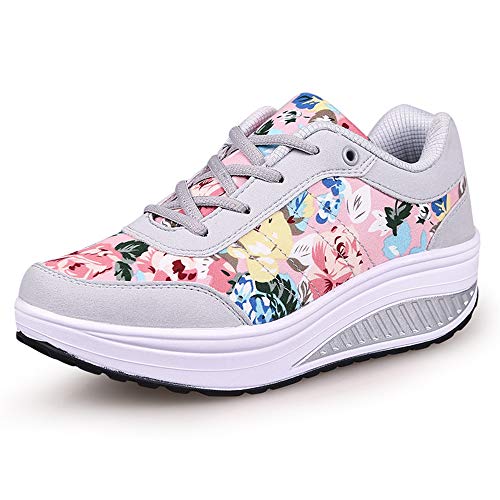 QZBAOSHU Damen Abnehmen Walkingschuhe Turnschuhe Fitness Keile Plattform Schuhe Sneakers（34,5 Grau Rosa von QZBAOSHU