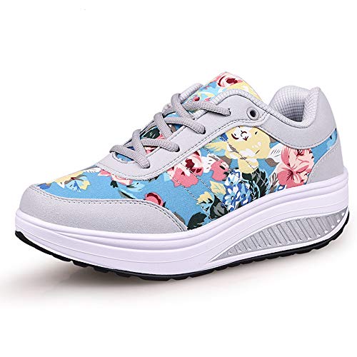 QZBAOSHU Damen Abnehmen Walkingschuhe Turnschuhe Fitness Keile Plattform Schuhe Sneakers（37,5 Grau Blau von QZBAOSHU