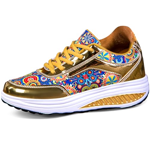 QZBAOSHU Damen abnehmen Walkingschuhe Turnschuhe Fitness Keile Plattform Schuhe Sneakers B Gold 40 EU von QZBAOSHU