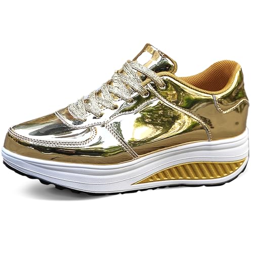 QZBAOSHU Damen abnehmen Walkingschuhe Turnschuhe Fitness Keile Plattform Schuhe Sneakers Gold 39 EU von QZBAOSHU