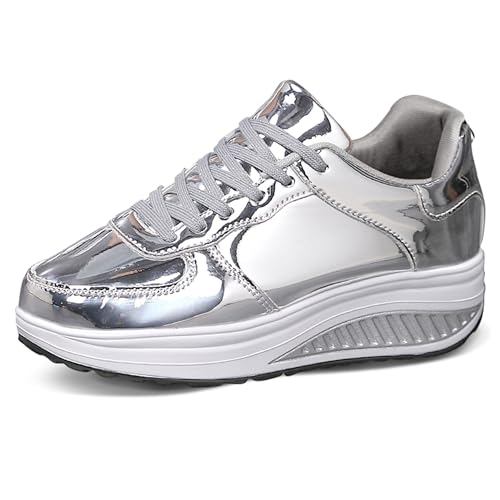 QZBAOSHU Damen abnehmen Walkingschuhe Turnschuhe Fitness Keile Plattform Schuhe Sneakers Silver 42 EU von QZBAOSHU
