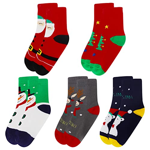 QZDAFFIC 5 Paar Weihnachtssocken, Baumwolle Warme Winter-Söckchen für Kleinkinder, Unisex Schneemänner Schneeflocken Weihnachtsbaumsocken (3~5 Jahre alt) von QZDAFFIC