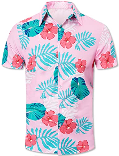 QZH.DUAO Hawaiihemd für Herren, kurzärmelig, bedruckt, mit Knopfleiste, lässig, Sommer, Strand, Urlaub, Shirts für Herren, 309 Pink, Klein von QZH.DUAO