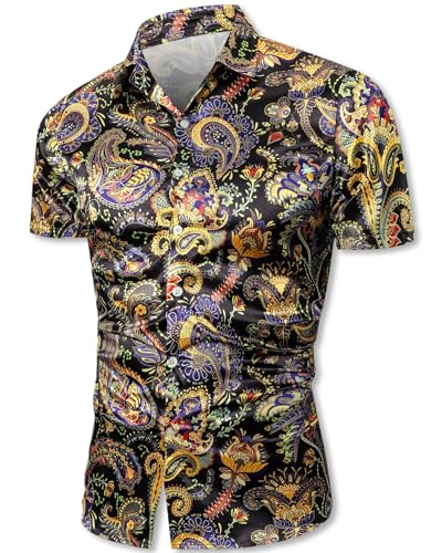 QZH.DUAO Herren 70er Jahre Disco Leinen Hemden Casual Paisley Tops Floral Vintage Langarm Shirt & Kurzarm Hemd, Sc 201 Seide, XL von QZH.DUAO