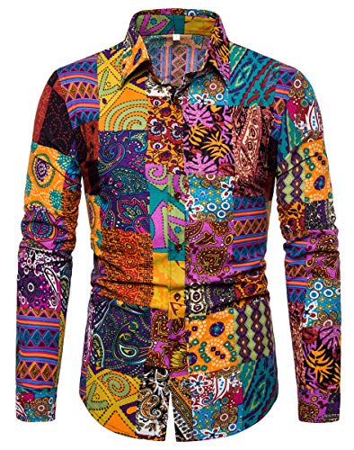 QZH.DUAO Herren 70er Jahre Disco Leinen Shirts Casual Paisley Tops Floral Vintage Langarm Hemd & Kurzarm Shirt, Cs 72, L von QZH.DUAO