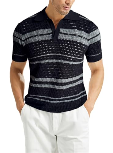 QZH.DUAO Herren Mock Rollkragenpullover Strickpullover Kurzarm Pullover Pullover mit Twist-Muster, 03# Gestreift Schwarz, L von QZH.DUAO
