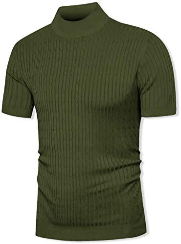 QZH.DUAO Herren Mock Rollkragenpullover Strickpullover Kurzarm Pullover Pullover mit Twist gemustert, Grün (Army Green), XL von QZH.DUAO