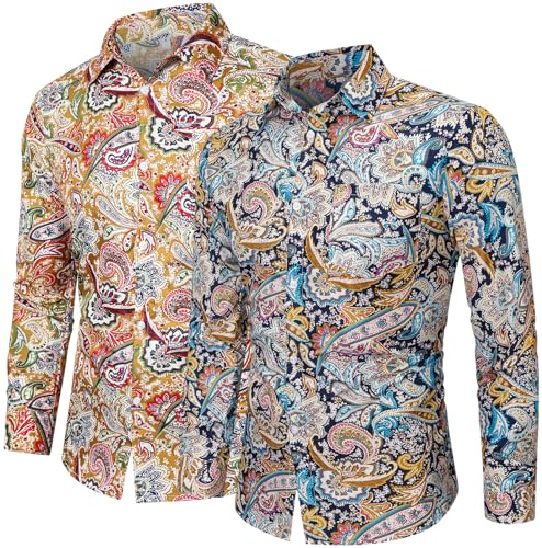 QZH.DUAO Herrenhemden im 70er-Jahre-Stil aus Leinen, lässiges Paisleymuster, Blumenmuster, Vintage-Langarmhemd, 2 Stück Cs 45a-cs 47a, Mittel QZH.DUAO Herrenhemden im 70er-Jahre-Stil aus Leinen, lässiges Paisleymuster, Blumenmuster, Vintage-Langarmhemd, 2 Stück Cs 45a-cs 47a, Mittel von QZH.DUAO