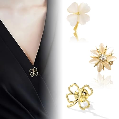 QZKJQDD 3 Stück Broschen Set für Kleidung - Elegante Damen Broschen, Ausschnitt Verkleinern, Anti-Exposure Fixed Brooches Pins, Vierblättriges Kleeblatt Cardigan Clips, Schleppennadel für Brautkleid von QZKJQDD