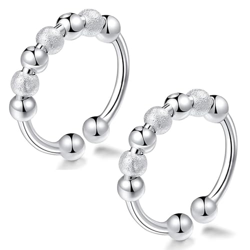 QZKJQDD Anxiety Ring Silber, Anti Stress, Shade Anxiety Ring, Edelstahl Angst, Stressring Ringe, für Panikattacken Daumenring,Finger Stimmungsring, Frauen(Silber-2 Stück) von QZKJQDD