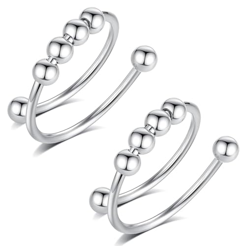 QZKJQDD Anxiety Ring Silber, Anti Stress, Shade Anxiety Ring, Edelstahl Angst, Stressring Ringe, für Panikattacken Daumenring,Finger Stimmungsring, Frauen (2 Stück) von QZKJQDD