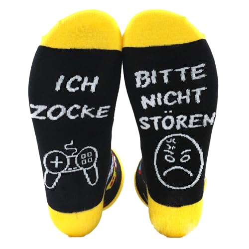 QZKJQDD Gamer Geschenk, Männer Lustige Socken, Da steht ICH ZOCKE BITTE NICHT STÖREN, Zocker Geschenk, Geeignet für Spieleliebhaber, Jungen, Väter, Weihnachten, Vatertagsgeschenke (schwarz+gelb) von QZKJQDD