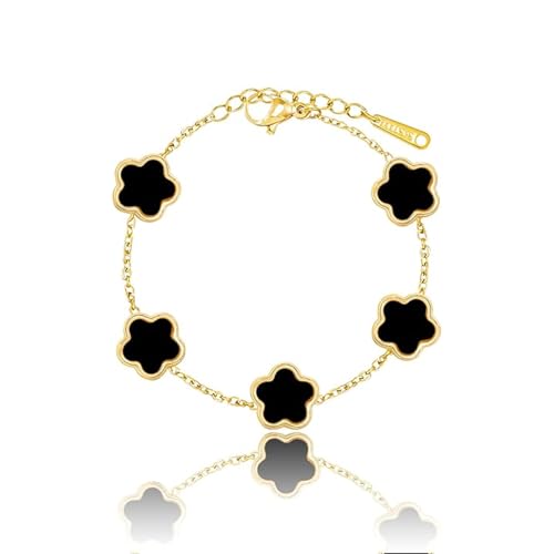 QZKJQDD Kleeblatt Armband, Einfache Design Stil Lucky Kleeblatt Schmuck, 18K Goldplattiertes Armbands, Modische Exquisite Freundschaft Armband Glücksschmuck für Damen und Mädchen (Schwarz) von QZKJQDD