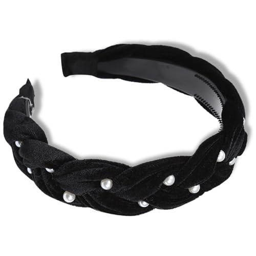 QZKJQDD Perle Haarreifen Damen, Schwarz Haarreif, Haarreif Samt, Haarreif Geflochten, Stirnband Damen Winter, Haarreifen Damen Dirndl, Mit Perlensamt-Stirnband und süßem elastischem Haarband von QZKJQDD