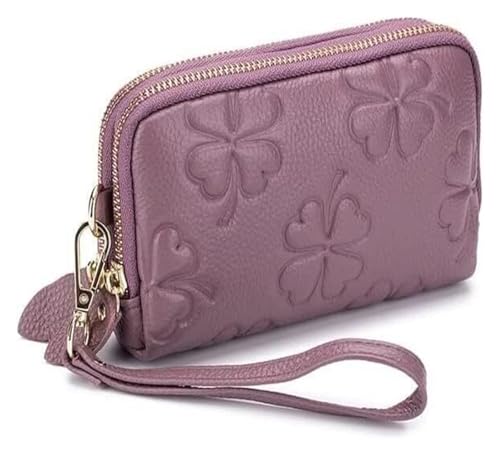 QZLNONTK Damen-Geldbörse aus echtem Leder – Geldbörse mit doppeltem Reißverschluss und Kreditkartenhalter – rotes vierblättriges Kleeblatt-Design(Purple) von QZLNONTK