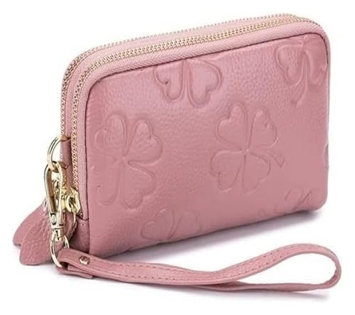 QZLNONTK Damen-Geldbörse aus echtem Leder – Geldbörse mit doppeltem Reißverschluss und Kreditkartenhalter – rotes vierblättriges Kleeblatt-Design(Roze) von QZLNONTK