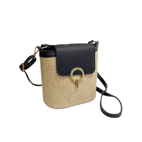 QZLNONTK Stilvolle gewebte Bucket-Tragetasche for Damen | Umhängetasche aus Stroh und Rattan | Perfekt for Urlaub und Freizeitausflüge(Black) von QZLNONTK