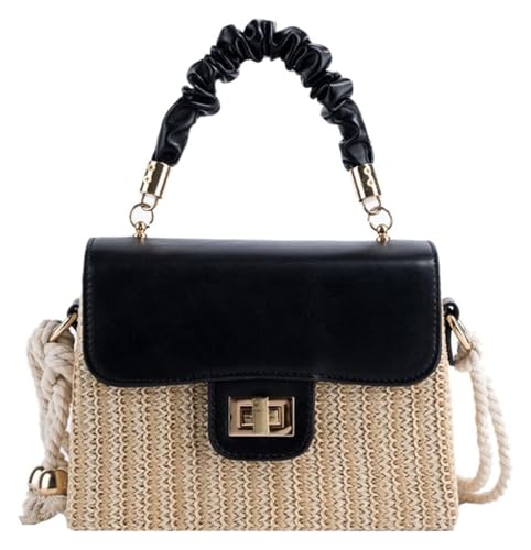 QZLNONTK Strohtaschen Damen Einfache gewebte Umhängetasche Mode Oceanic Clashing Tote Box Bag Umhängetasche(Black) von QZLNONTK
