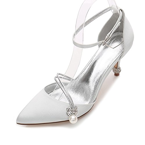 Damen Brautschuhe Kätzchen Heels Closed Toe Spitze Perle Satin Hochzeitsschuhe Pumps,Silber,36 EU von QZPM