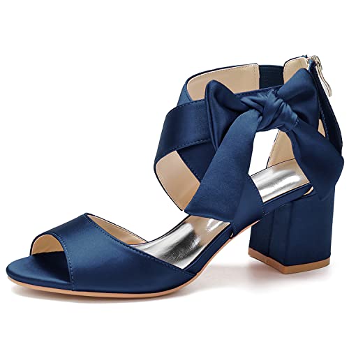 Damen Open Toe Riemchen Blockabsatz Sandalen Für Hochzeit Braut Kleid Schuhe,Dark Blue,36 EU von QZPM