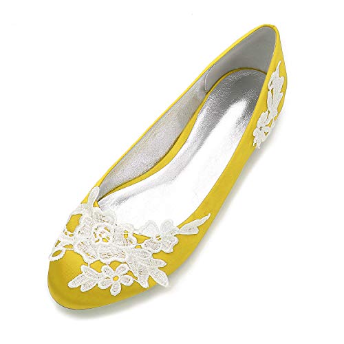 QZPM Damen Ballerinas Niedriger Absatz Satin Geschlossene Zehen Hochzeit Partei Abschlussball Flach Schuhe,Gelb,44 EU von QZPM