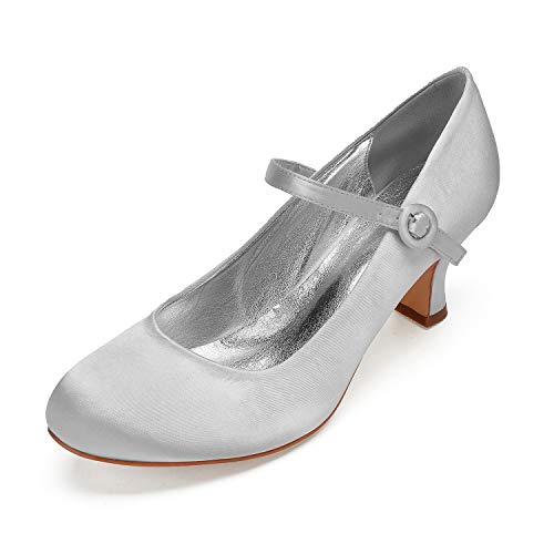 QZPM Damen Brautschuhe Hochzeit Schuhe Runder Zeh Geschlossene Zehe Knöchelriemen Spangenpumps Bridesmaid Schuhe,Silber,42 EU von QZPM