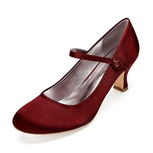 QZPM Damen Brautschuhe Hochzeit Schuhe Runder Zeh Geschlossene Zehe Knöchelriemen Spangenpumps Bridesmaid Schuhe,Wine red,37 EU von QZPM