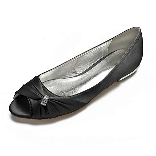 QZPM Damen Brautschuhe Peep Toe Satin Niedriger Absatz Hochzeit Partei Abschlussball Ballerinas,Schwarz,40 EU von QZPM