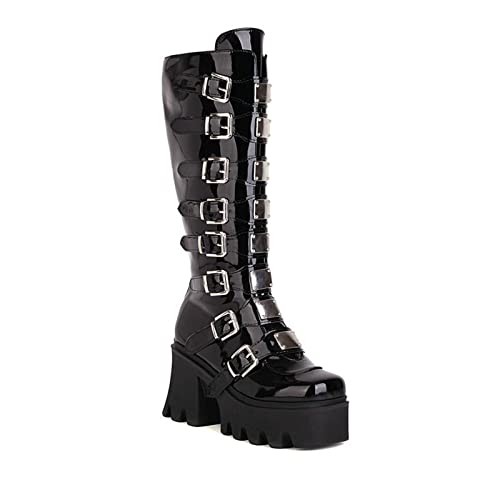 QZPM Damen Gothic Stiefel Stämmiger Absatz Plattform Kniehohe Stiefel Mit Schnalle,Black1,40 EU von QZPM