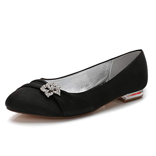 QZPM Damen Klassische Ballerinas Flache Spitz Strass Dekoration Satin Hochzeit Partei Abschlussball Flach Schuhe,Schwarz,44 EU von QZPM