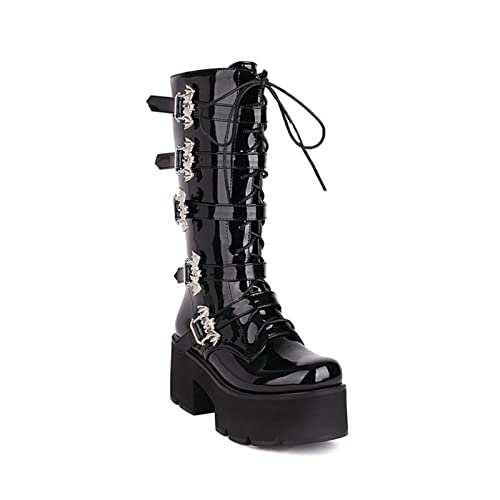 QZPM Damen Plateau Boots Gothic Hoch Blockabsatz Stiefeletten Runde Zehen Plateau Biker Stiefel,Black1,42 EU von QZPM