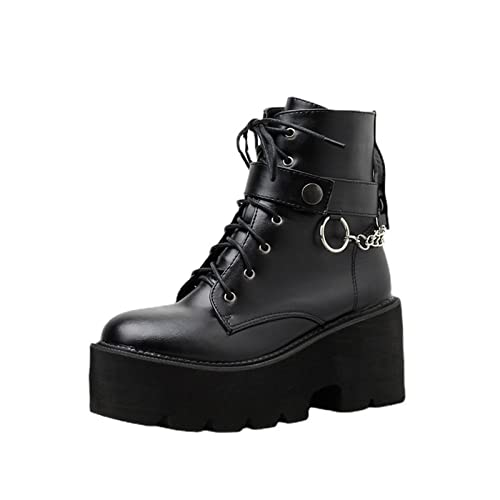 QZPM Damen Plateau Schnürstiefeletten Blockabsatz Absatzschuhe Gothic Punk Runder Zeh Knöchel Stiefel Mit Schnüren,Schwarz,38 EU von QZPM