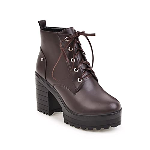 QZPM Damen Runder Zeh Kurzschaft Platform Stiefel Blockabsatz Warm Gefütterte Winter Stiefeletten,Braun,40 EU von QZPM