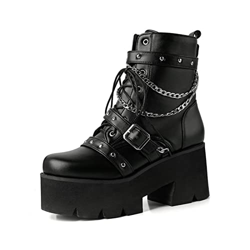 QZPM Damen Schnürstiefeletten Gothic Stiefeletten Plateau Blockabsatz Punk Stiefel Kampfstiefel,Schwarz,45 EU von QZPM