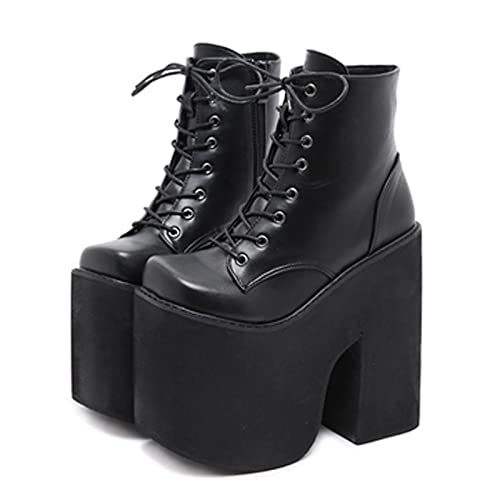 QZPM Damen Stiefeletten Gothic Plateau Stämmiger Absatz Punk Kampfstiefel Mit Schnürung,Schwarz,38 EU von QZPM