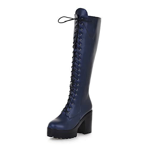 QZPM Damen Winterstiefel Kniehoch Stämmiger Absatz Plateau Schnürung Reitstiefel,Blau,38 EU von QZPM