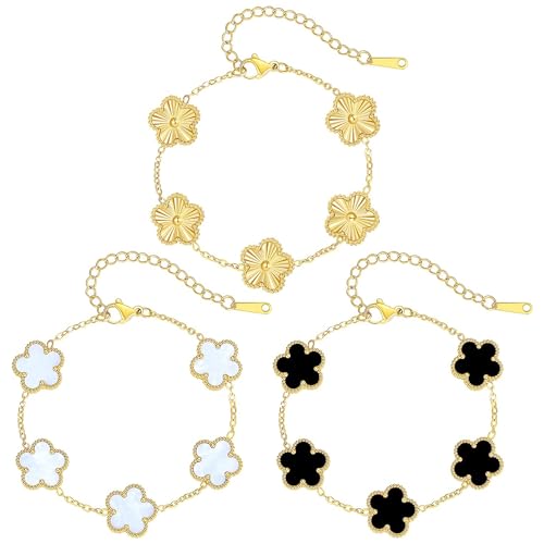 Qaestuan 3 Stücke Vierblättriges Kleeblatt Armband, 18K Goldplattiertes Kleeblatt Armbands, Modische Exquisite Freundschaft Armband, Luxuriöses Glücksarmband, für Damen und Mädchen von Qaestuan