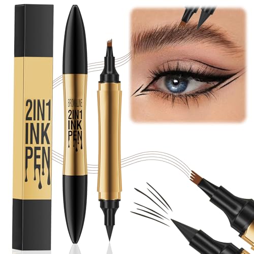 Qaestuan Augenbrauenstift, Wasserdichter Microblading Augenbrauenstift, 2 in 1 Flüssiger Eyeliner mit 4 Gabelspitzen, Wischfest Eyebrow Pencil Kann Leicht Natürliche Augenbrauenform, (Dunkelbraun) von Qaestuan