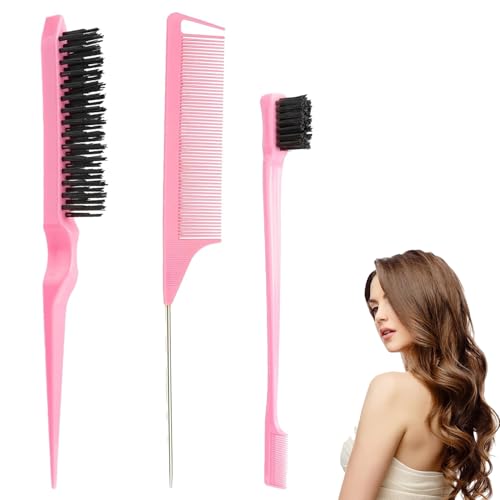 3-teiliges Bürstenset mit glatter Rückseite, Rattenschwanzkamm, Borstenhaarbürste, Teasingkamm, doppelseitiger Kanten-Controller für Frauen, Zuhause, Salon, Friseur, Reisen, Entwirrungswerkzeuge 3-teiliges Bürstenset mit glatter Rückseite, Rattenschwanzkamm, Borstenhaarbürste, Teasingkamm, doppelseitiger Kanten-Controller für Frauen, Zuhause, Salon, Friseur, Reisen, Entwirrungswerkzeuge von Qalviora